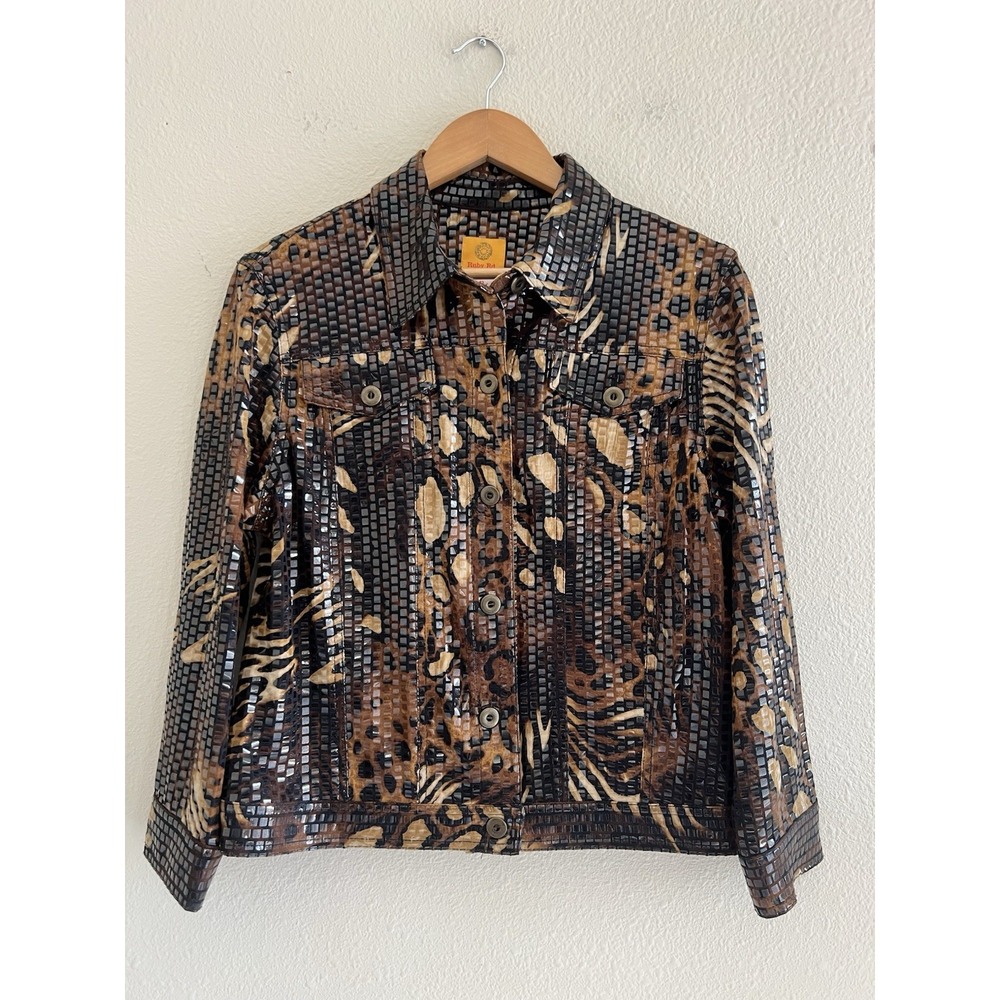 Ruby Rd Animal Print Jacket Women Size 12 Coated Glossy Grid Trucker Brown Black